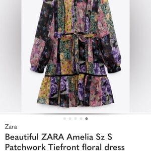 ZARA Patchwork Floral Long-Sleeve Dress - Black, Pink, Purple, Yellow, Green